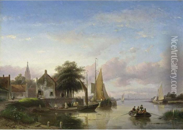 A Summer Landscape With Boats On A River Oil Painting - Jan Jacob Coenraad Spohler