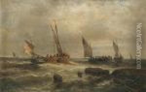 Fishing Barges At Sea Oil Painting - Albert Rieger