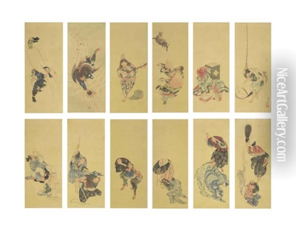 Immortals, Gods Of Good Fortune And Kyogen Actors (12 Works Mountaed As A Pair Of 6-panel Screens)) Oil Painting -  Hokusai