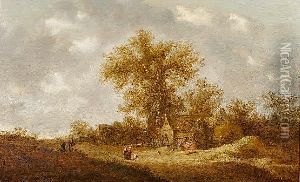 Figures On A Country Path Before A Farmstead Oil Painting - Joost de Volder