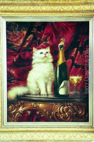 Persian Cat And Champagne Bottle Oil Painting - Carl Kahler