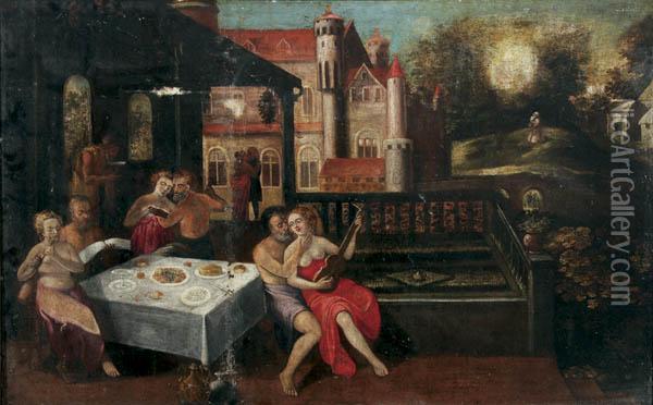 A Musical Feast With Praying Figure In Distance Oil Painting - German Alvarez Algeciras