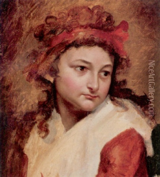 Portrait Of A Girl Wearing A Red Ribbon In Her Hair Oil Painting - Pauline Auzou