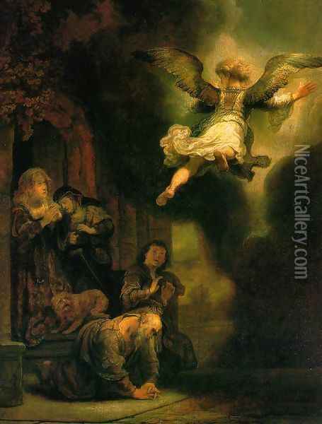 The Archangel Leaving the Family of Tobias 1637 Oil Painting - Rembrandt Van Rijn