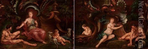 Two Mythological Scenes (venus And Adonis?)(pair) Oil Painting - Gaspare Diziani