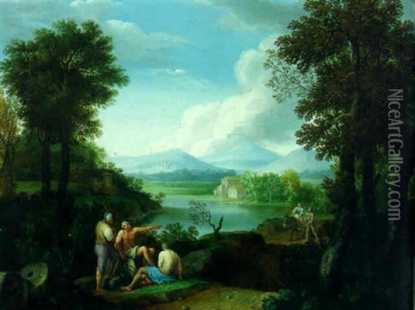 An Italianate River Landscape With Peasants And Banditti On A Track Oil Painting - Andrea Locatelli