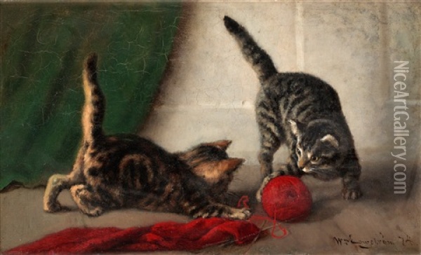 Katter Med Rott Garnnystan Oil Painting - Wilhelm Oscar Engstrom