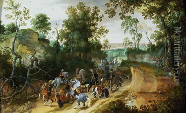A Cavalry Column Ambushed on a Woodland path Oil Painting - Sebastien Vrancx