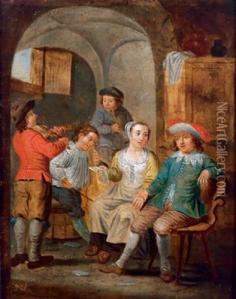 Compagnia Di Musicanti In Un Interno Colonico Oil Painting - Johann Gerl. Lambert