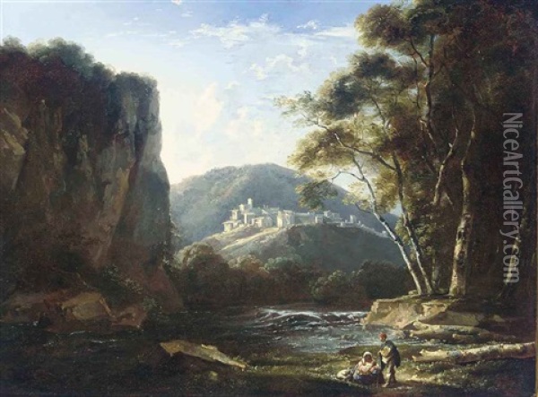 A Wooded River Landscape With Figures Resting On A Path, A City Beyond Oil Painting - Thomas Barker