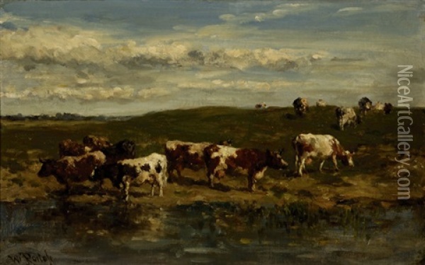 Cows In A River Landscape Oil Painting - Willem Roelofs