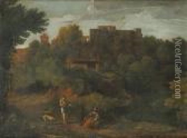 Paesaggio Romano Con
Figure E Cane Oil Painting - Gaspard Dughet Poussin