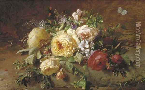 A bouquet with roses by a forest stream Oil Painting - Adriana-Johanna Haanen