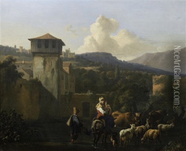 A Drover And His Flock Fording A Stream Before A Walled Town Oil Painting - Abraham Jansz. Begeyn