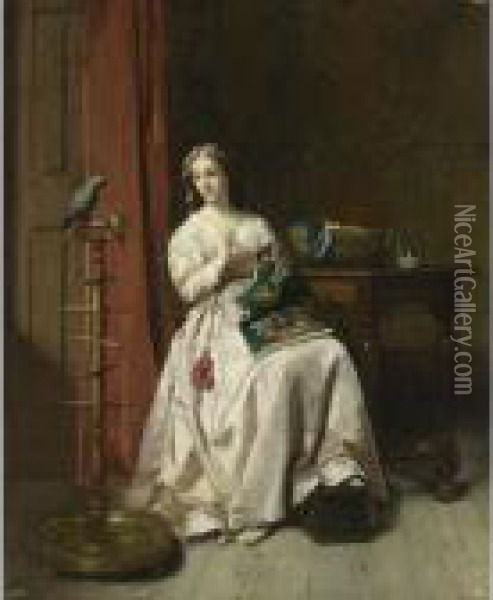 An Elegant Lady With A Parrot Oil Painting - Florent Willems
