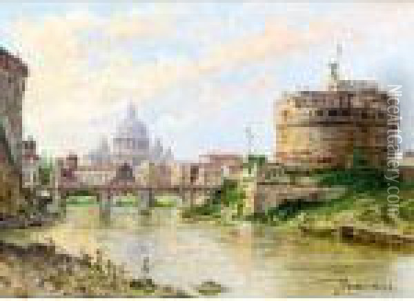 A View Of The Tiber With Castel Sant' Angelo And St Peter's Oil Painting - Antonietta Brandeis