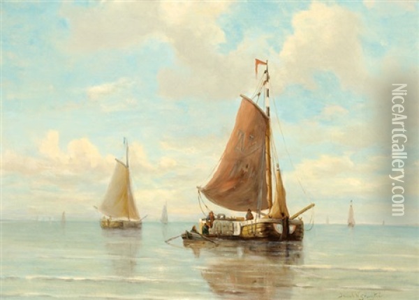Sailing Boats On A Calm Sea Oil Painting - Jacob Willem Gruyter