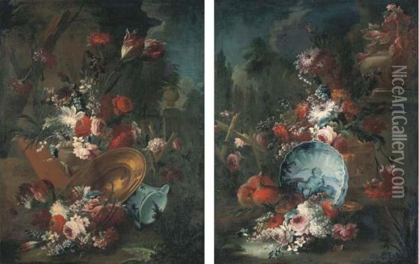 Fleurs Et Pieces De Faience Dans Un Parc Oil Painting - Giuseppe Lavagna