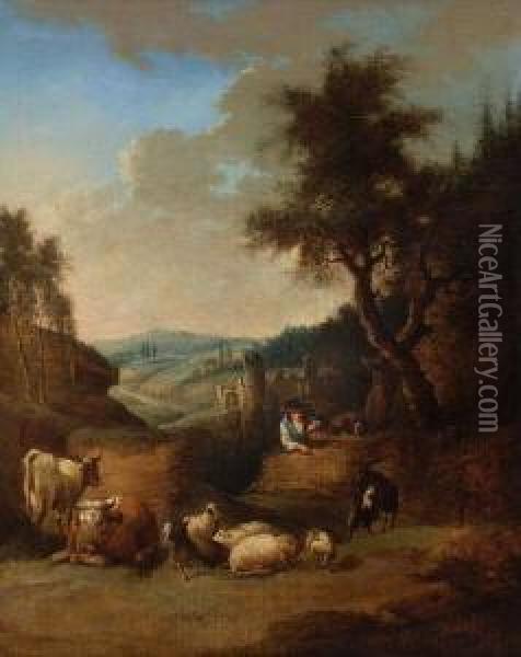 Hirte Mit Viehherde In Idyllischer
 Landschaft. Oil Painting - Joseph Conrad Seekatz