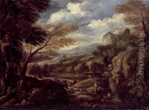 A Wooded Italianate Landscape With Figures Next To A River, Mountains Beyond Oil Painting - Antonio Diziani