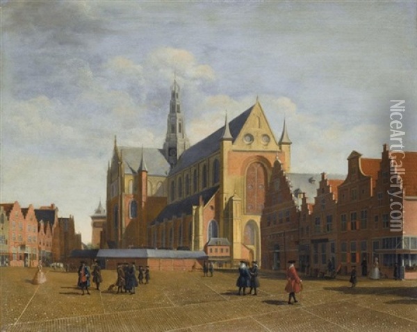 Haarlem, The Groote Markt Looking Towards The Church Of Saint Bavo Oil Painting - Jan van der Vinne the Elder