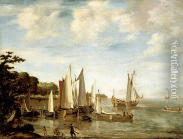 A Calm River Scene With Small Dutch Vessels At A Jetty Oil Painting - Lieve Verschuier
