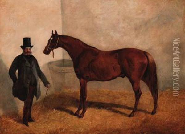 A Chestnut Racehorse With A Trainer In A Loosebox Oil Painting - John Goode