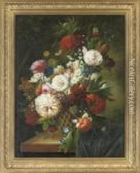 Magnificent Still Life In An Ornamental Basket; And Still Life With A Butterfly Oil Painting - Thomas Webster