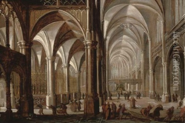 The Interior Of A Church With Christ Driving The Money Changers From The Temple Oil Painting - Paul Vredemann van de Vries