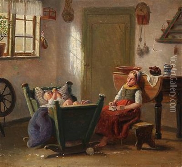 Country Interior With A Sleeping Nanny And A Playing Child In The Crib Oil Painting - Julius Friedlaender