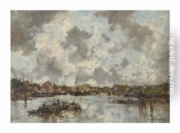 A Cloudy Sky On The River Amstel, Amsterdam Oil Painting - Johan Hendrik van Mastenbroek