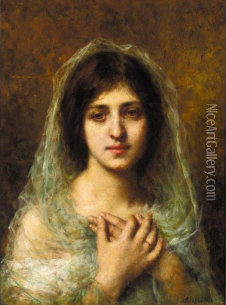 Portrait Of A Young Girl Oil Painting - Alexei Alexeivich Harlamoff