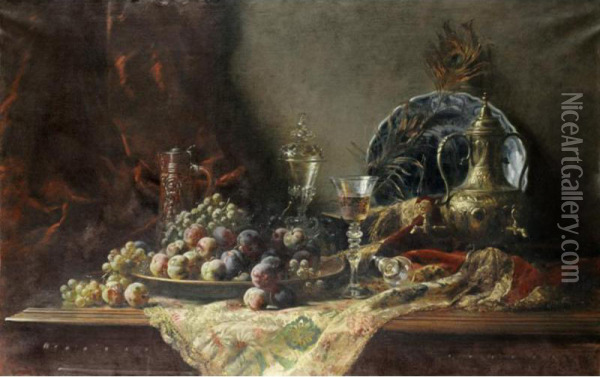 Nature Morte Au Verre Et A La Coupe De Fruits Oil Painting - Gustave-Emile Couder
