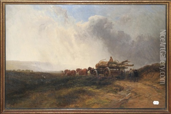 A Team Of Horses And Figures Hauling Timber On A Cart In An Open Landscape Oil Painting - George Cole