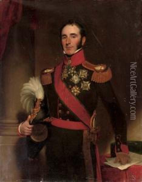 Portrait Of Sir John Conroy, 1st
 Bt. (1786-1854), Three-quarter-length, In The Uniform Of The Royal 
Artillery, Holding A Plumed Helmet In His Right Hand, By A Pillar Oil Painting - Henry William Pickersgill