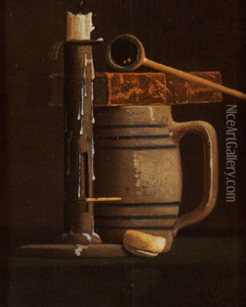 Still Life Of A Candlestick, Biscuit, Pipe, Book And Jug Oil Painting - John Frederick Peto