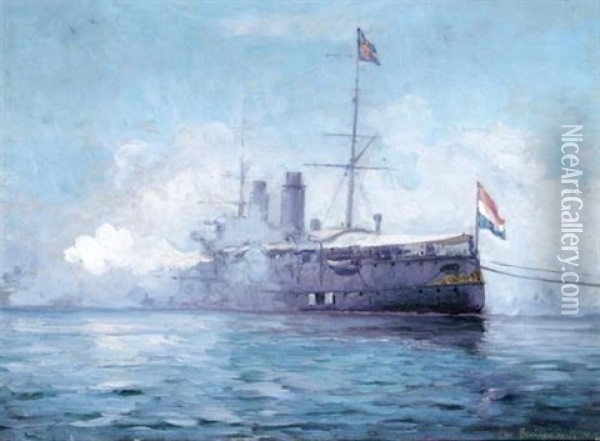 Dutch Cruiser "zeeland" Gun-saluting Oil Painting - Christian Benjamin Olsen
