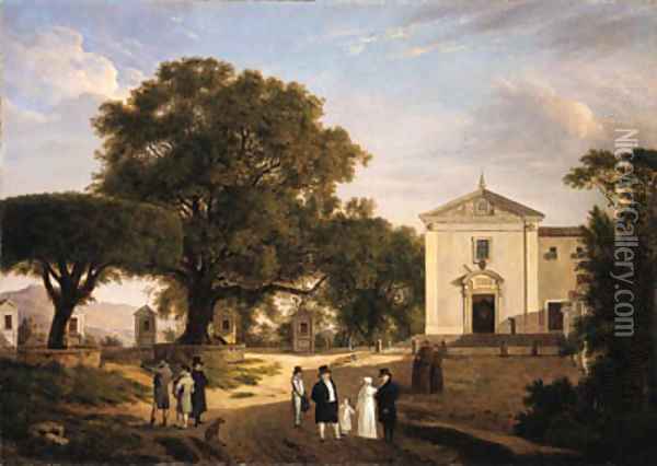 A view of the town square of Albano with monks walking before a Franciscan church Oil Painting - French School