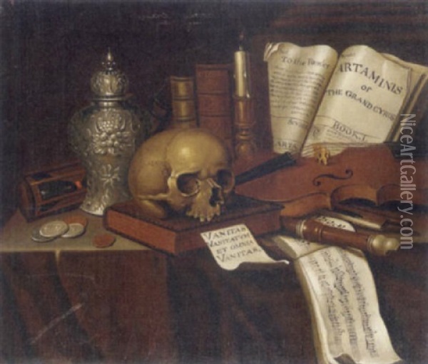 A Vanitas Still Life With Coins, Overturned Hour-glass, Urn, Skull, Candle, Books, Musical Instruments And A Score On A Table Oil Painting - Edward Collier