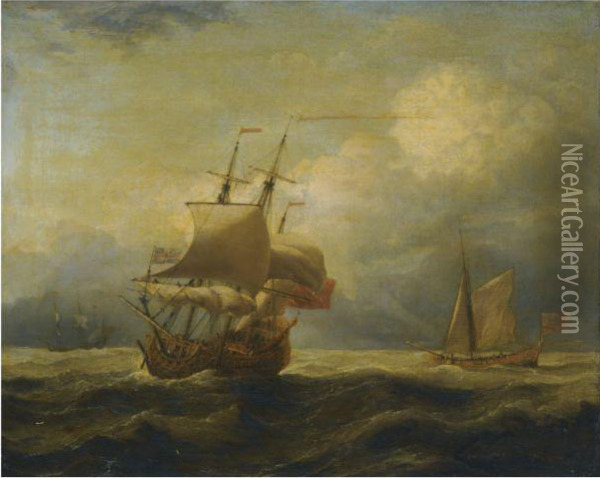 An English Ship Close-hauled In A Strong Breeze With A Royal Yachtin The Wind Oil Painting - Willem van de, the Elder Velde