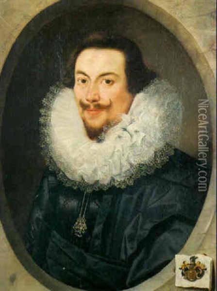 Portrait Of A Nobleman, Age 30, Wearing Black Costume And Lace Collar Oil Painting - Marcus Gerards the Younger