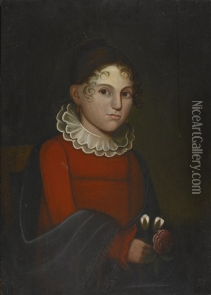 Portrait Of A Girl Wearing A Red Dress And Green Shawl, Said To Be Mary Kirtland Of Whitehall, New York Oil Painting - Zedekiah Belknap