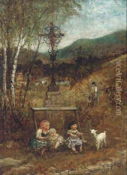 Children with a kid in a landscape Oil Painting - Francesco Paolo Michetti