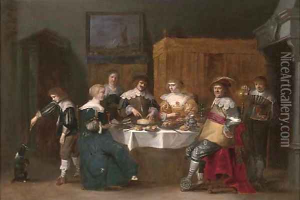 Elegant company eating and drinking in an interior Oil Painting - Christoffel Jacobsz van der Lamen