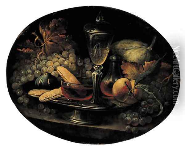 Grapes, a fig, breadrolls, wineglasses and a peach on a pewter plate Oil Painting - Alexandre-Francois Desportes