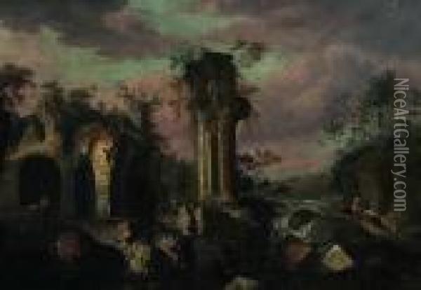 Capriccio Con Rovine E Viandanti Oil Painting - Jean-Baptiste Pillement