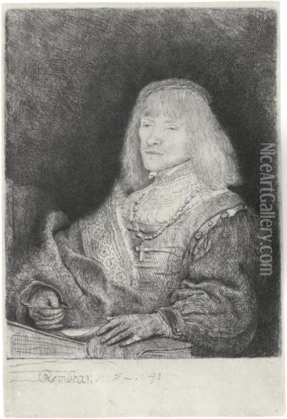 Man At A Desk Wearing A Cross And Chain Oil Painting - Rembrandt Van Rijn