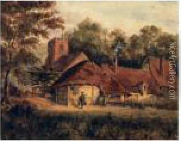 Rural Scene, Country Dwelling With A Church In Background Oil Painting - Henry Pilleau