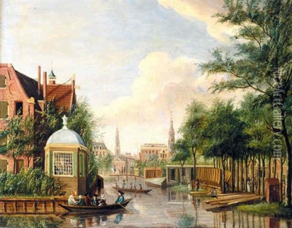 Amsterdam, A View On The Plantage Muidergracht, Seen From The Schans, With The Oudezijds Huiszittenhuis, Beyond The Westertoren, The Portugese Synagogue And The Tower Of The Zuiderkerk Oil Painting - Jan Ekels the Elder