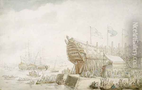 The Launching of H.M.S. Hibernia at Devonport, c.1804 Oil Painting - Thomas Rowlandson